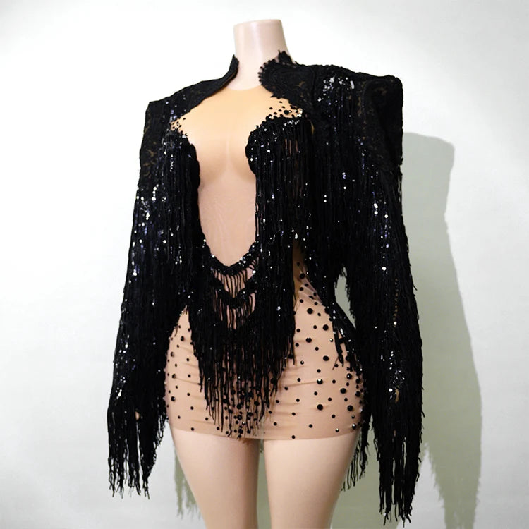 Rhinestone Tassel Fringe Jacket And Dress Costume Set