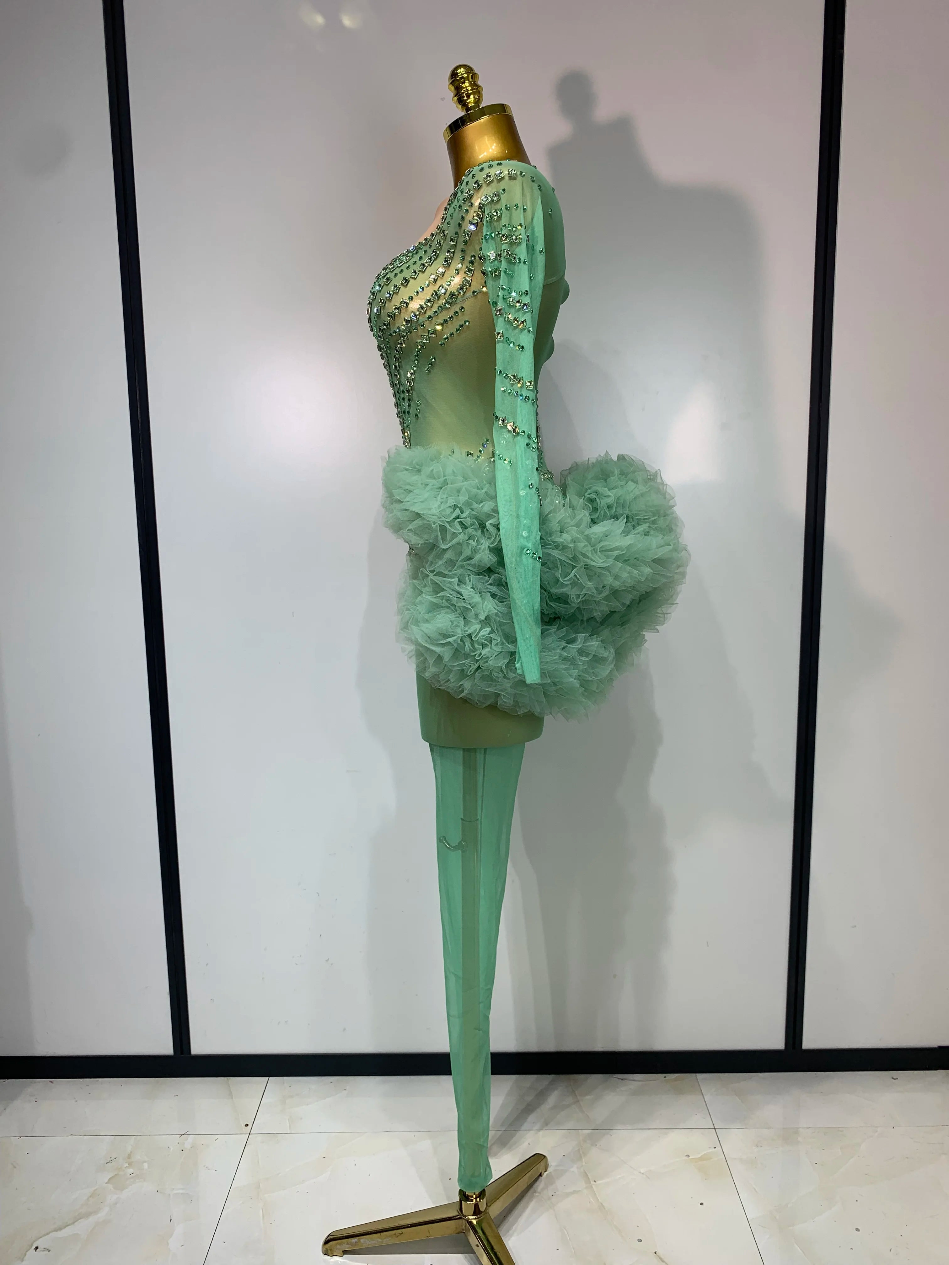 Luxury Green Diamonds Mesh See-Through Long Sleeve Jumpsuit Stage Performance Costume