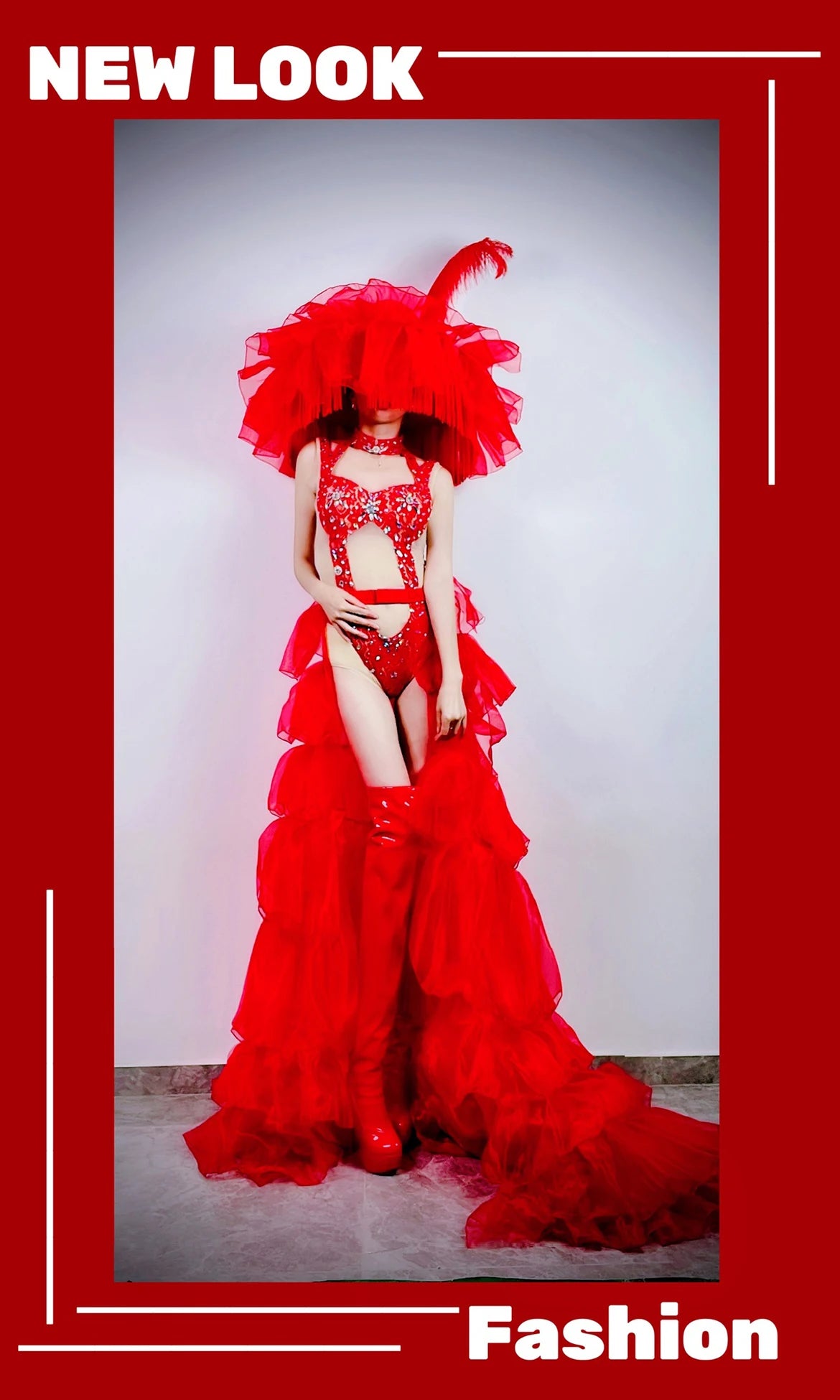 Hollow-Out Rhinestone Bodysuit & Feathered Layered Skirt Carnival Costume Set