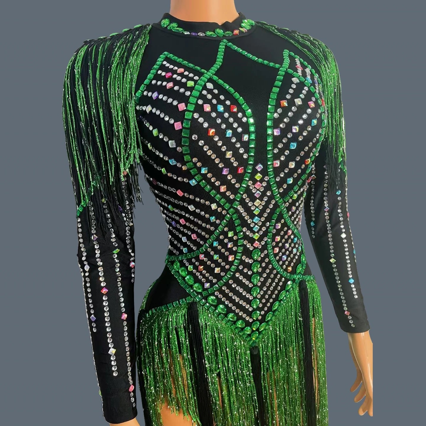 Sparkly Rhinestone Tassel Fringe Dance Performance Mini Dress Stage Bandage Dress