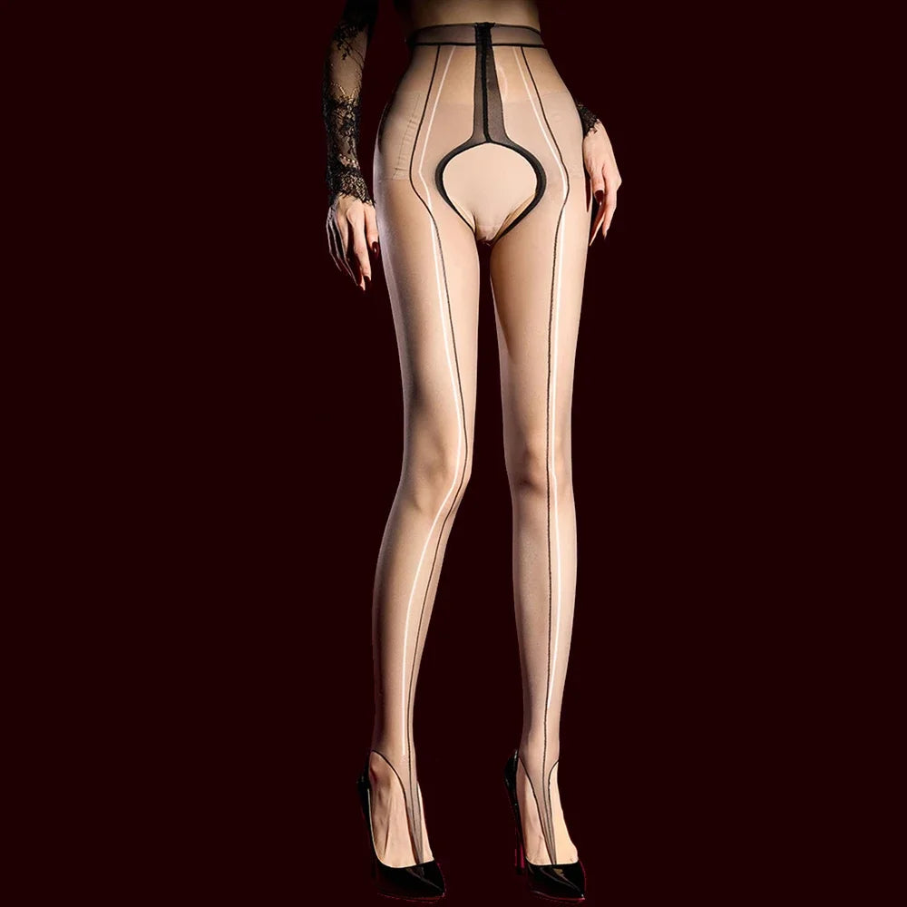 Fashion Women 1D Oil Glossy Shiny Stripe Open Crotch Sheer See Through Pantyhose Ladies Lingerie Maid Stockings