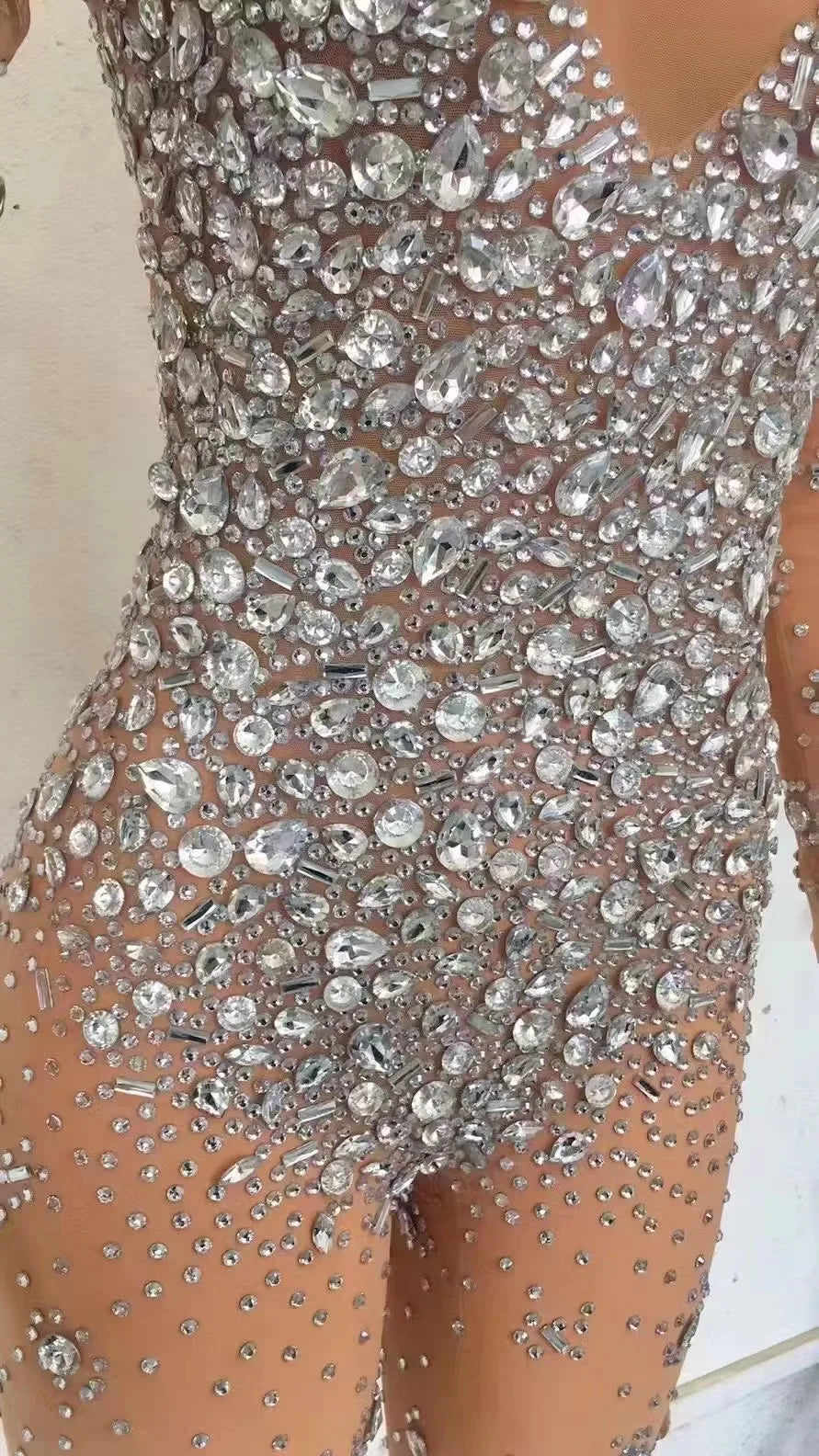 Sparkling Full Crystal Illusion Jumpsuit Long Sleeve Rhinestone Catsuit Stage Wear