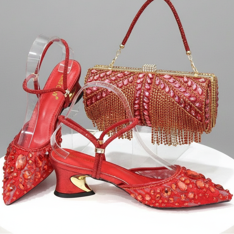 High Quality Rhinestone Low Heels and Bag Set