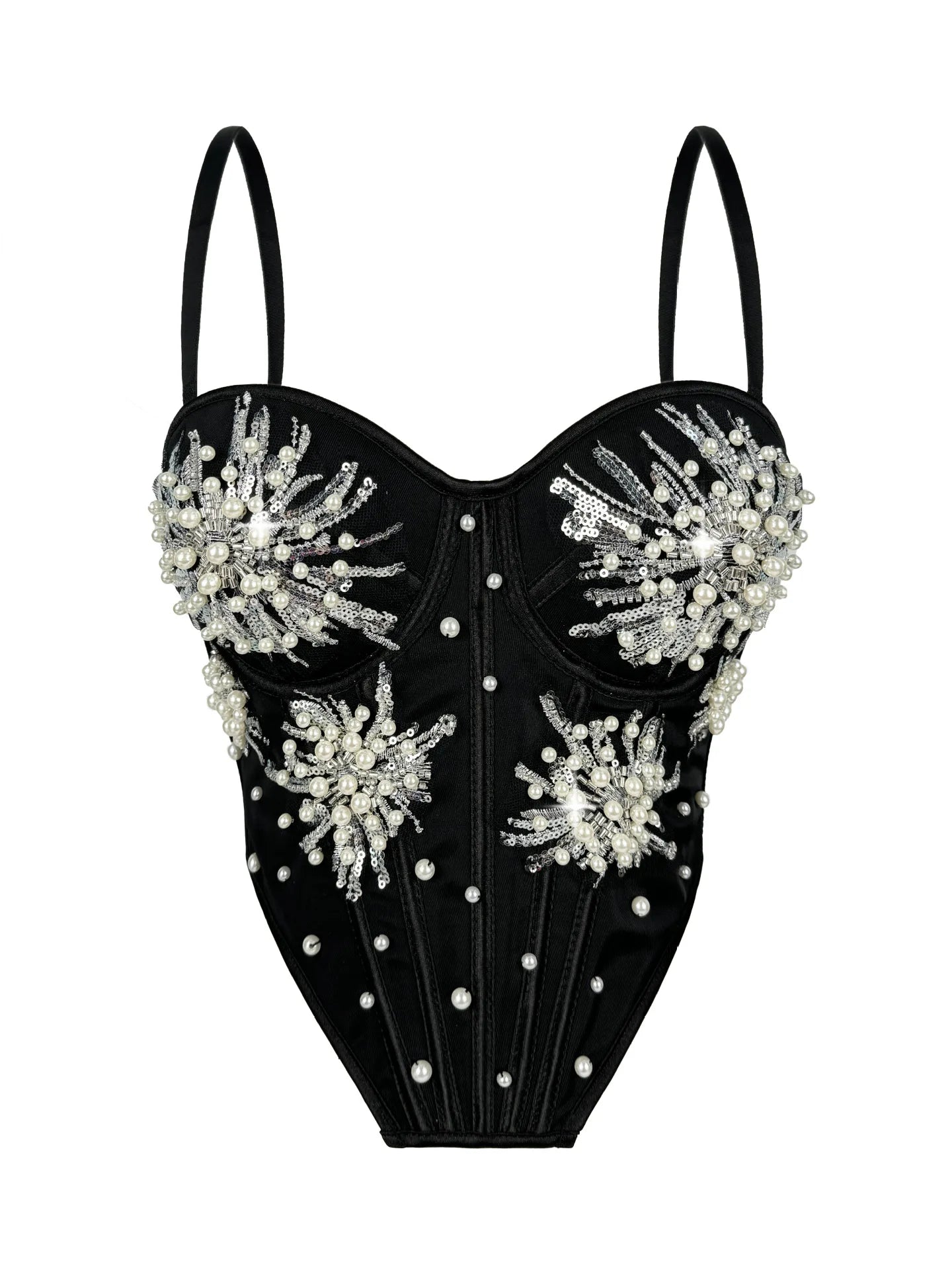 Pearl & Sequin Embroidered Floral Bustier Corset Top Asymmetric Camisole Bralette