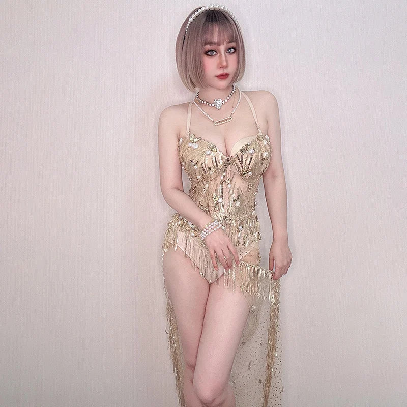 Gold Tassel Showgirl Performance Bodysuit