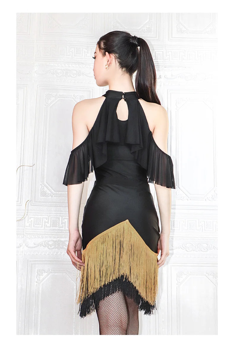 Black High-Neck Short-Sleeve Bodysuit & Gold Fringe Skirt Latin Dance Costume Set
