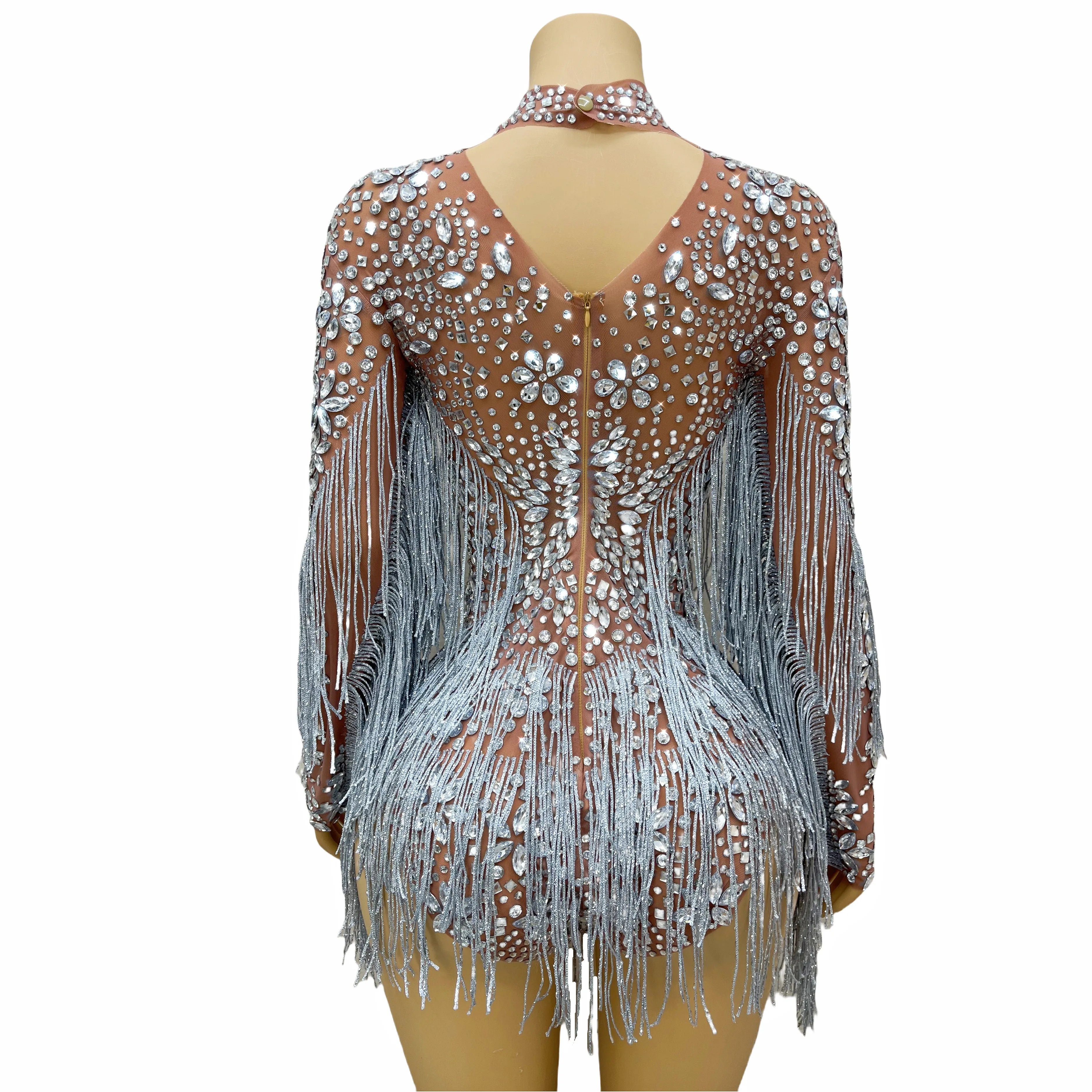 Sparkly Rhinestone Tassel High-Cut Stage Performance Bodysuit Dance Leotard