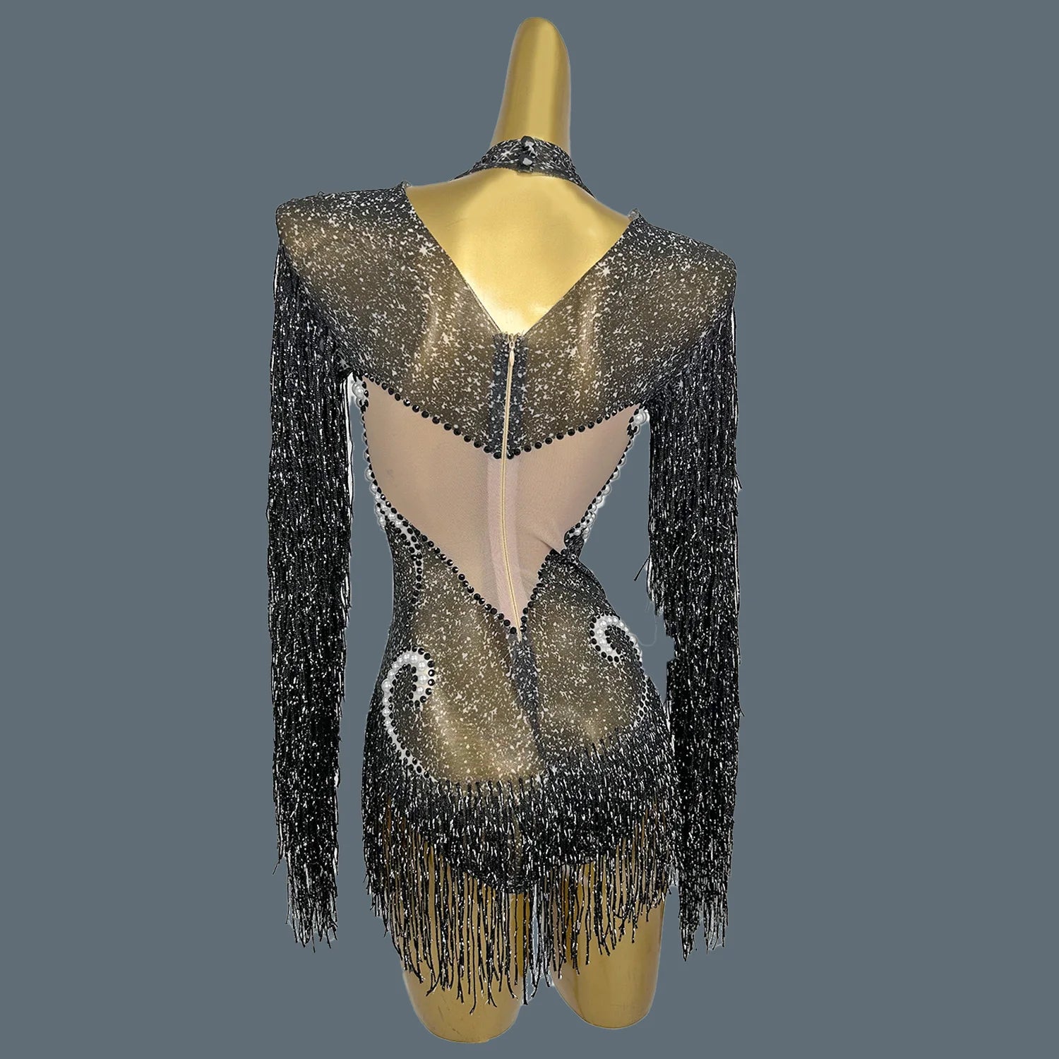 Pearl & Rhinestone Tassel Stage Costume Bodysuit Dance Leotard