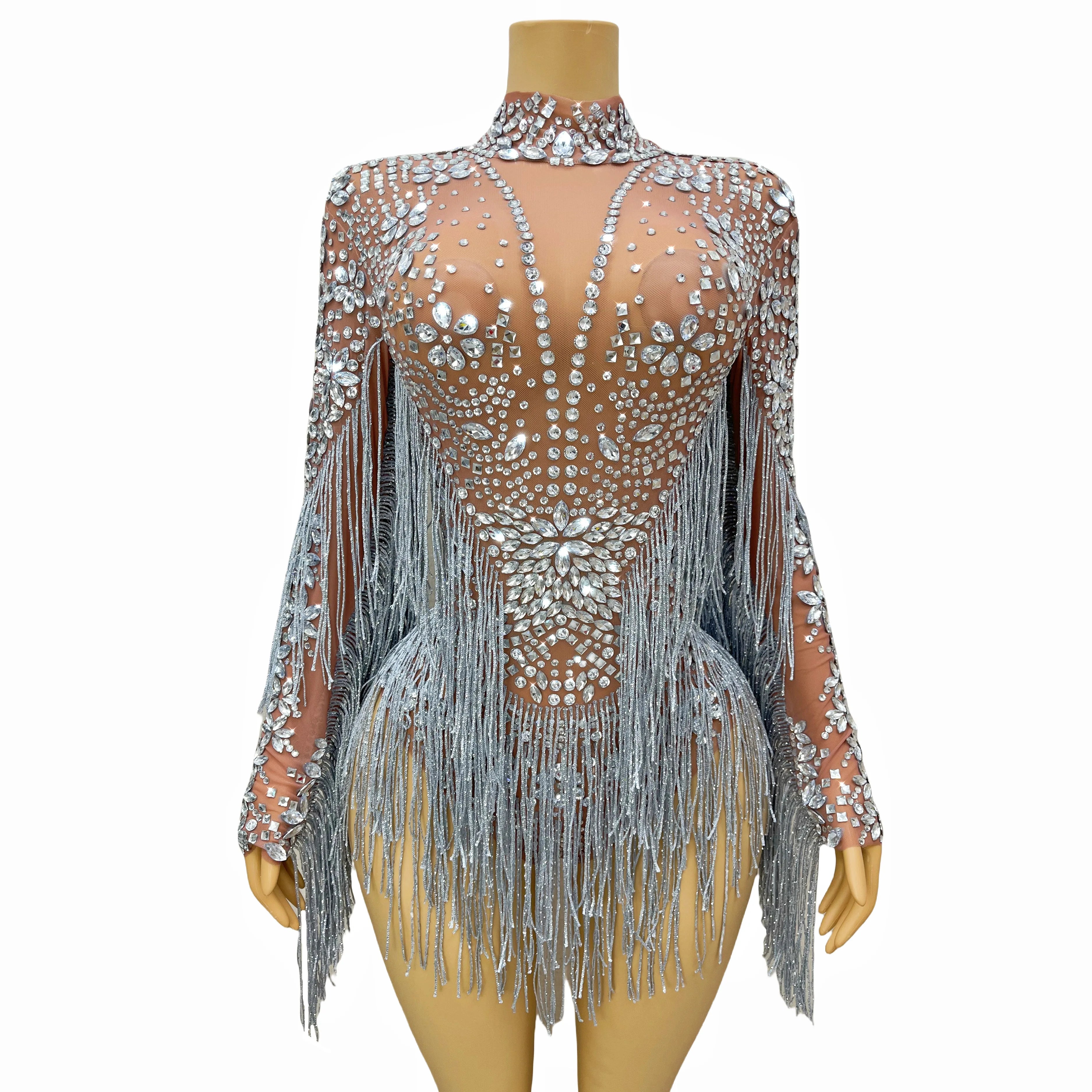 Sparkly Rhinestone Tassel High-Cut Stage Performance Bodysuit Dance Leotard