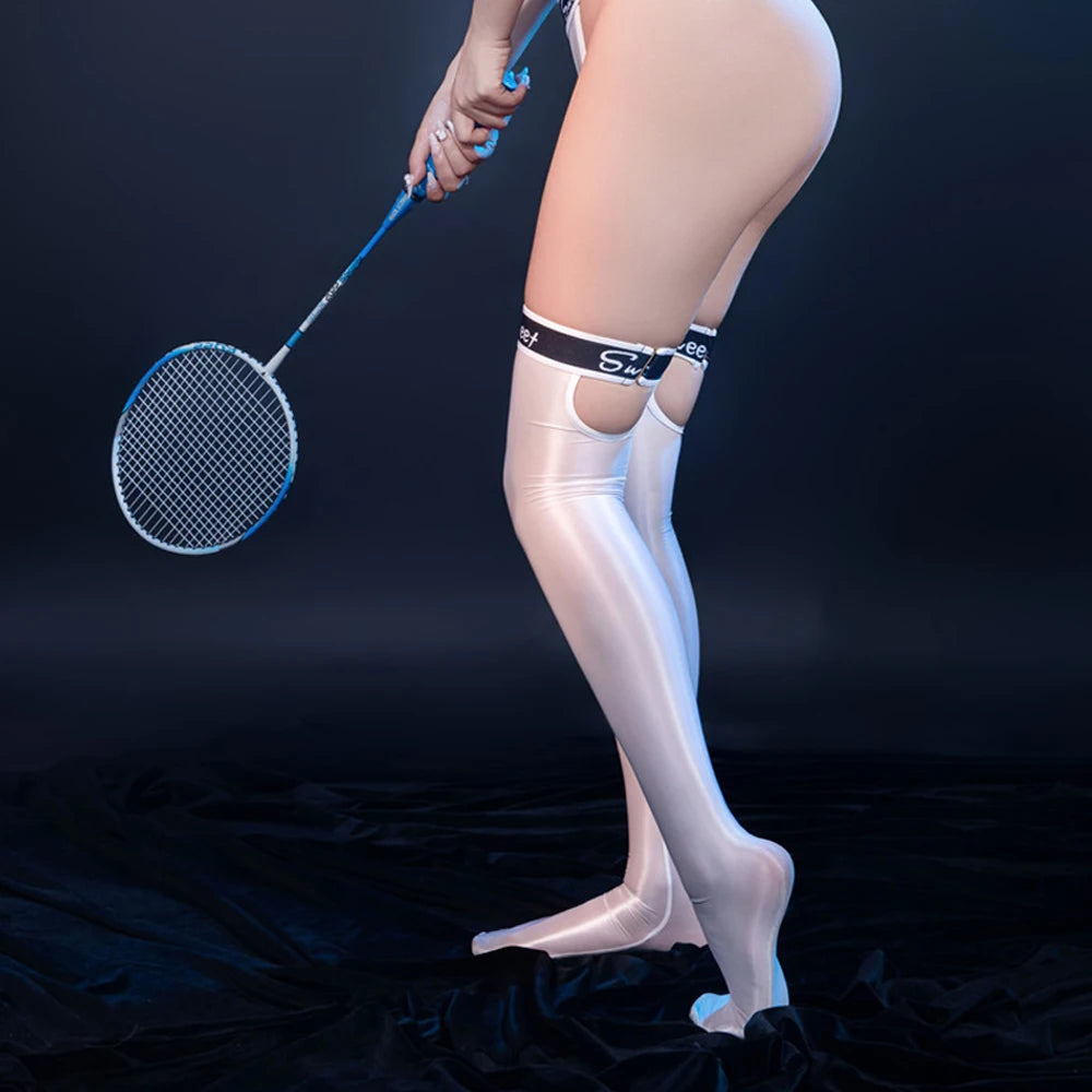 Sexy Women Stain Smooth High Stocking Oil Glossy Shiny Vintage Tight Letter Printing Shaping Overknee Maid Stocking Hollow Out