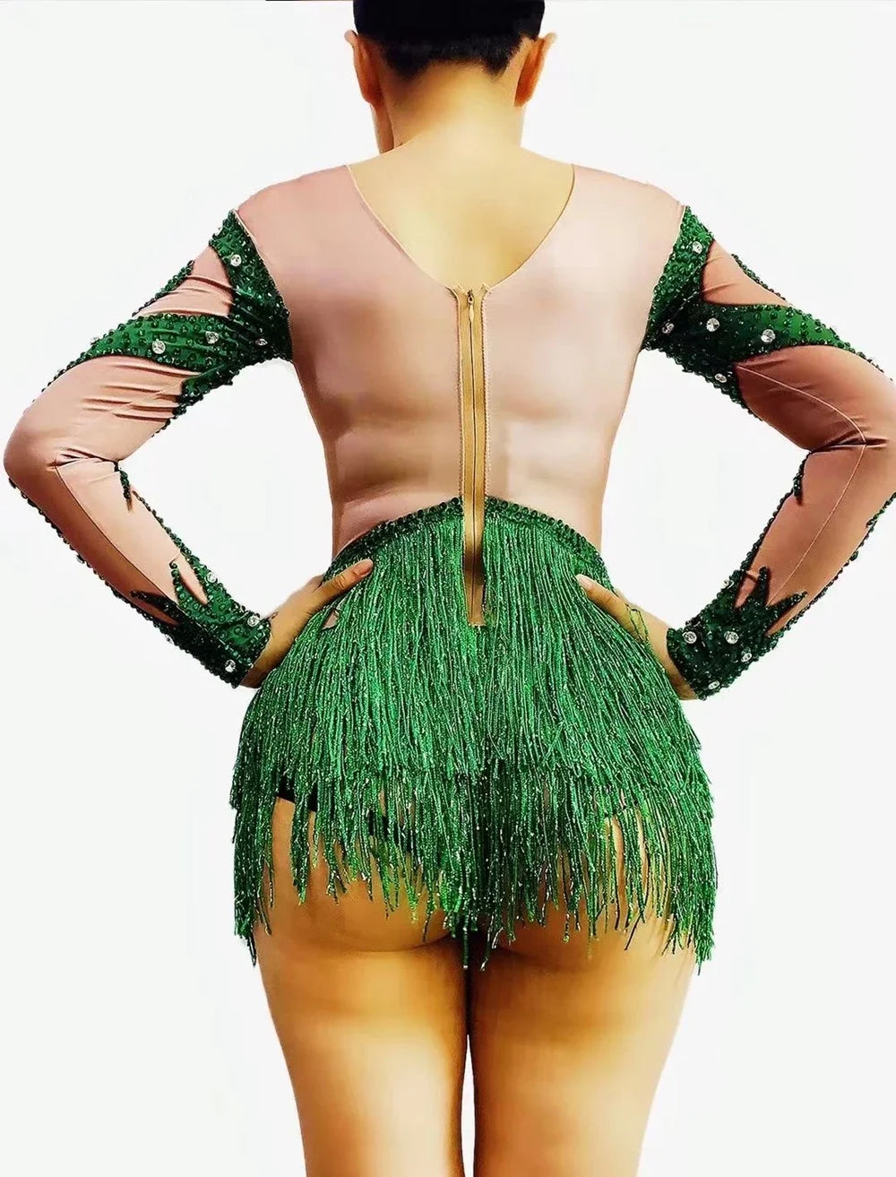 Sparkly Green Crystal & Tassel Fringe Bodysuit Stage Performance Costume