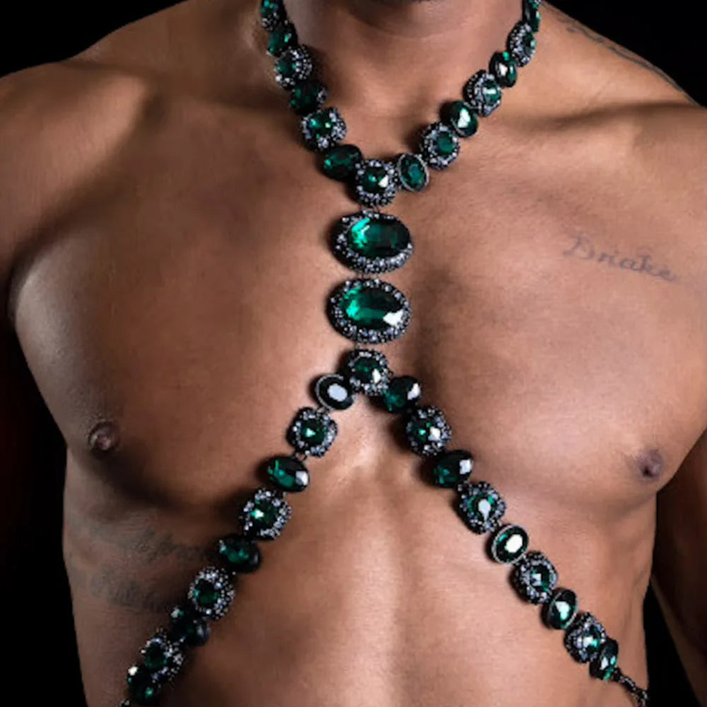 Men's Green Crystal Rhinestone Body Chain Harness Punk Stage Cross Chest Collar