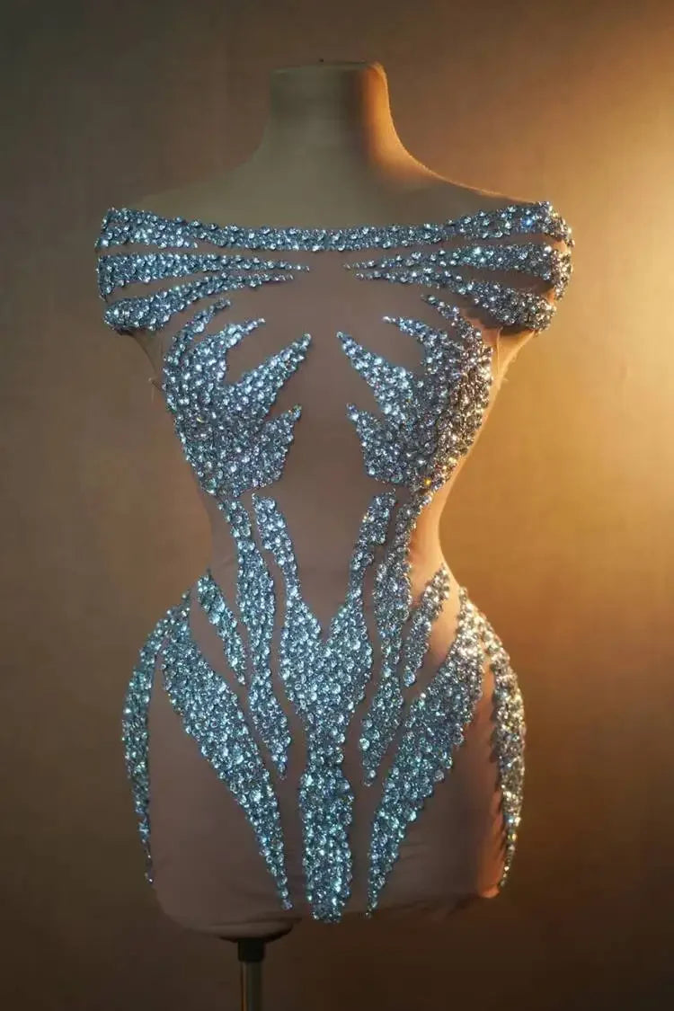 Sparkly Silver & Red Rhinestone Sleeveless Mini Dress Stage Costume