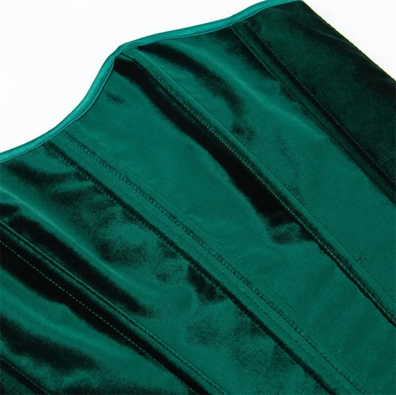 Green Velvet Overbust Corset Top Side Zipper Lace-Up Boned Bustier Top
