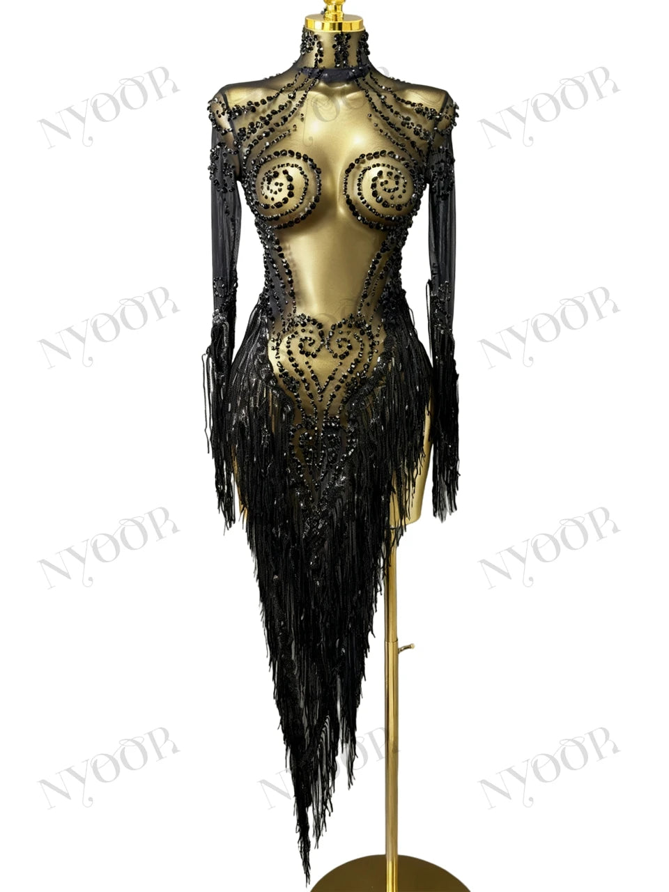 Black Rhinestone Fringe Illusion Mini Dress Sparkly Stage Dance Costume