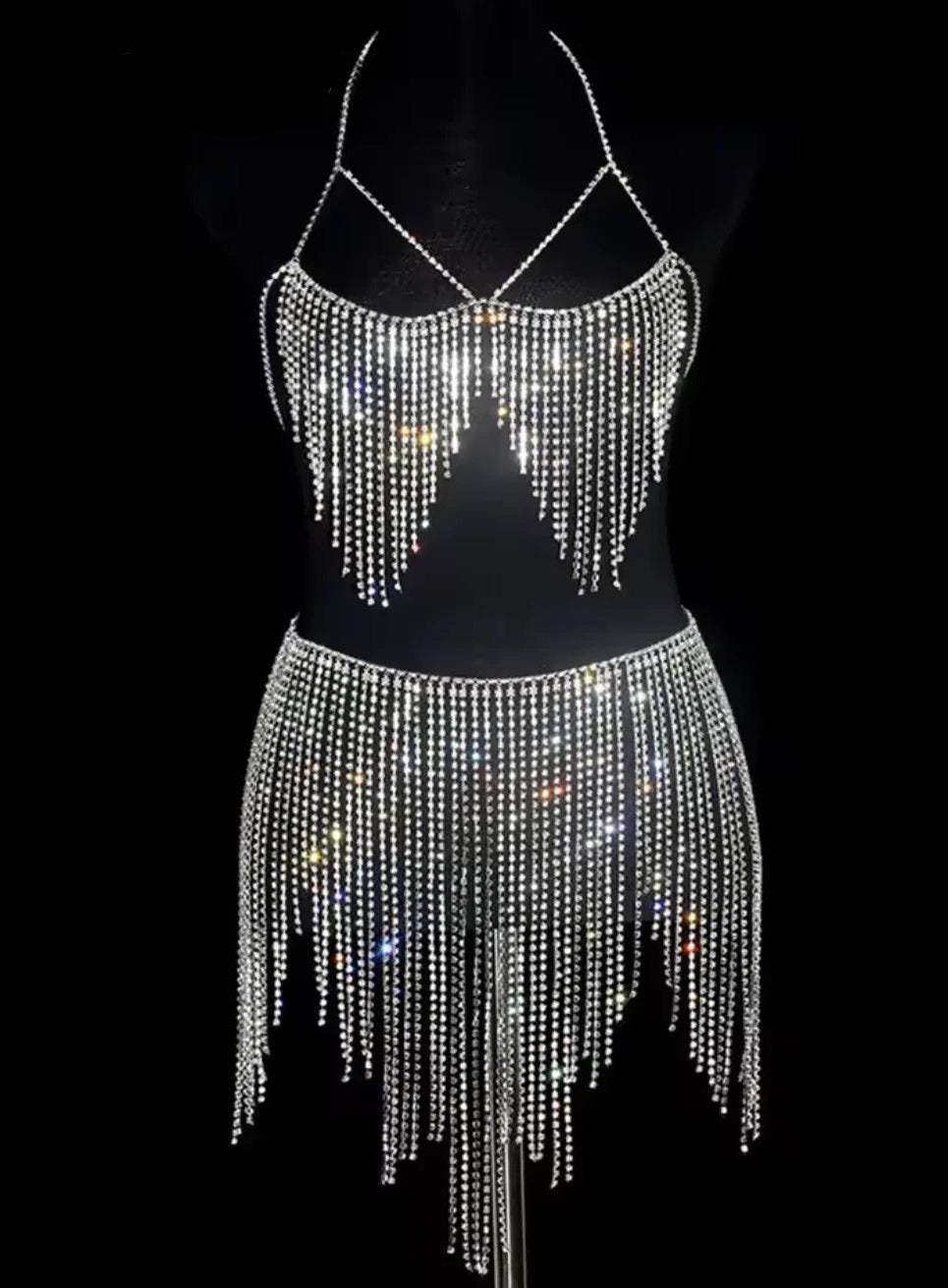 Dazzling Crystal Tassel Body Chain & Skirt Set