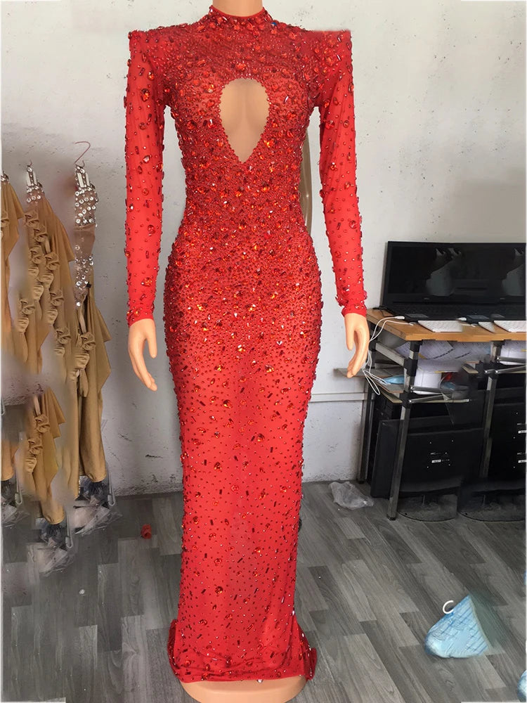 Sparkling Full Crystal Illusion Jumpsuit Long Sleeve Rhinestone Catsuit Stage Wear