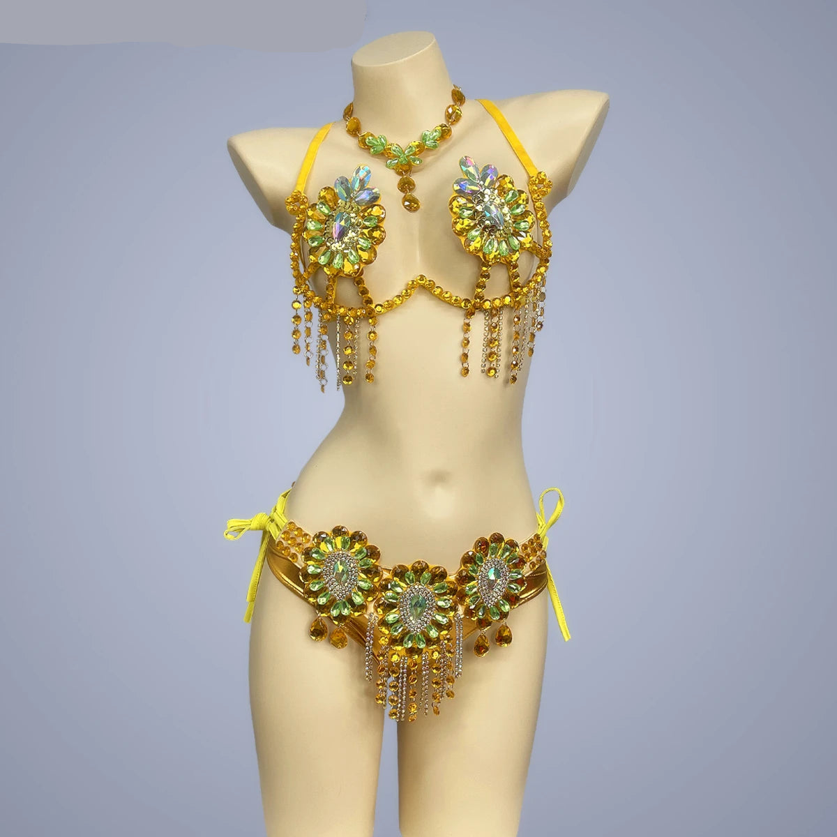 Sparkly Samba Carnival Stone Wire Bra, Belt & Necklace Three-Piece Costume Set