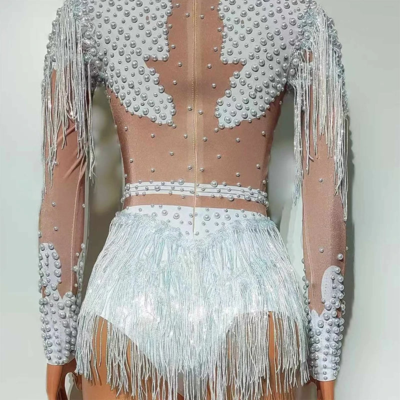 Pearl Tassel Long-Sleeve Performance Bodysuit
