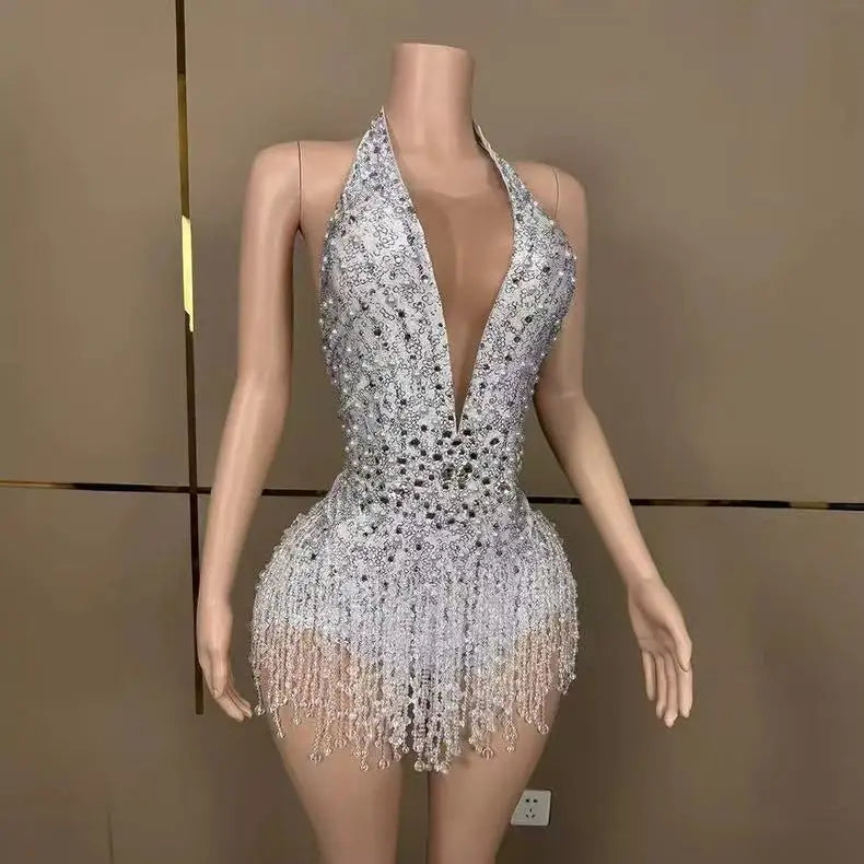 Deep V-Neck Backless Rhinestone, Pearl & Fringe Bodysuit Stage Performance Costume