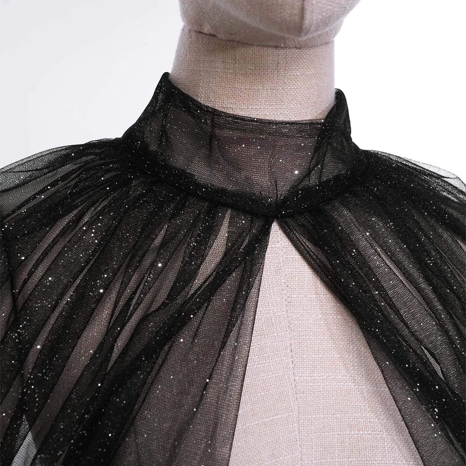Shimmering Mesh Lantern Sleeve Bolero Shrug & See-Through Mock Neck Top