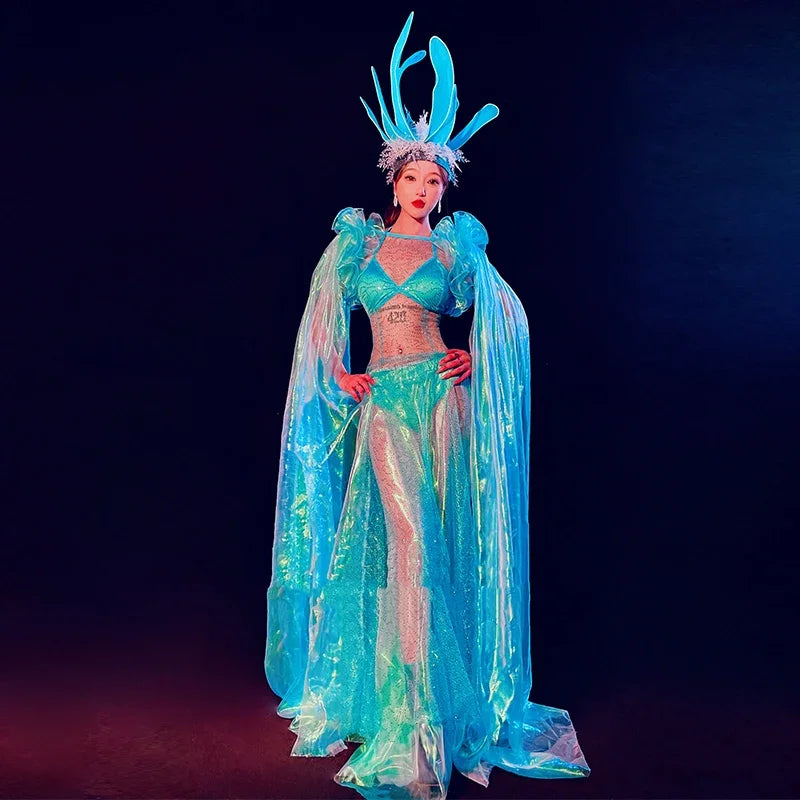 Siren of the Sea Sheer Ombré Gown & Sculpted Headdress Ocean Stage Costume Set