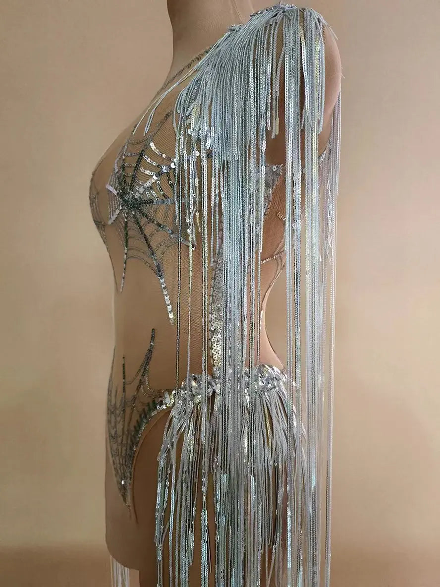 Sequin Tassel Showgirl Performance Bodysuit