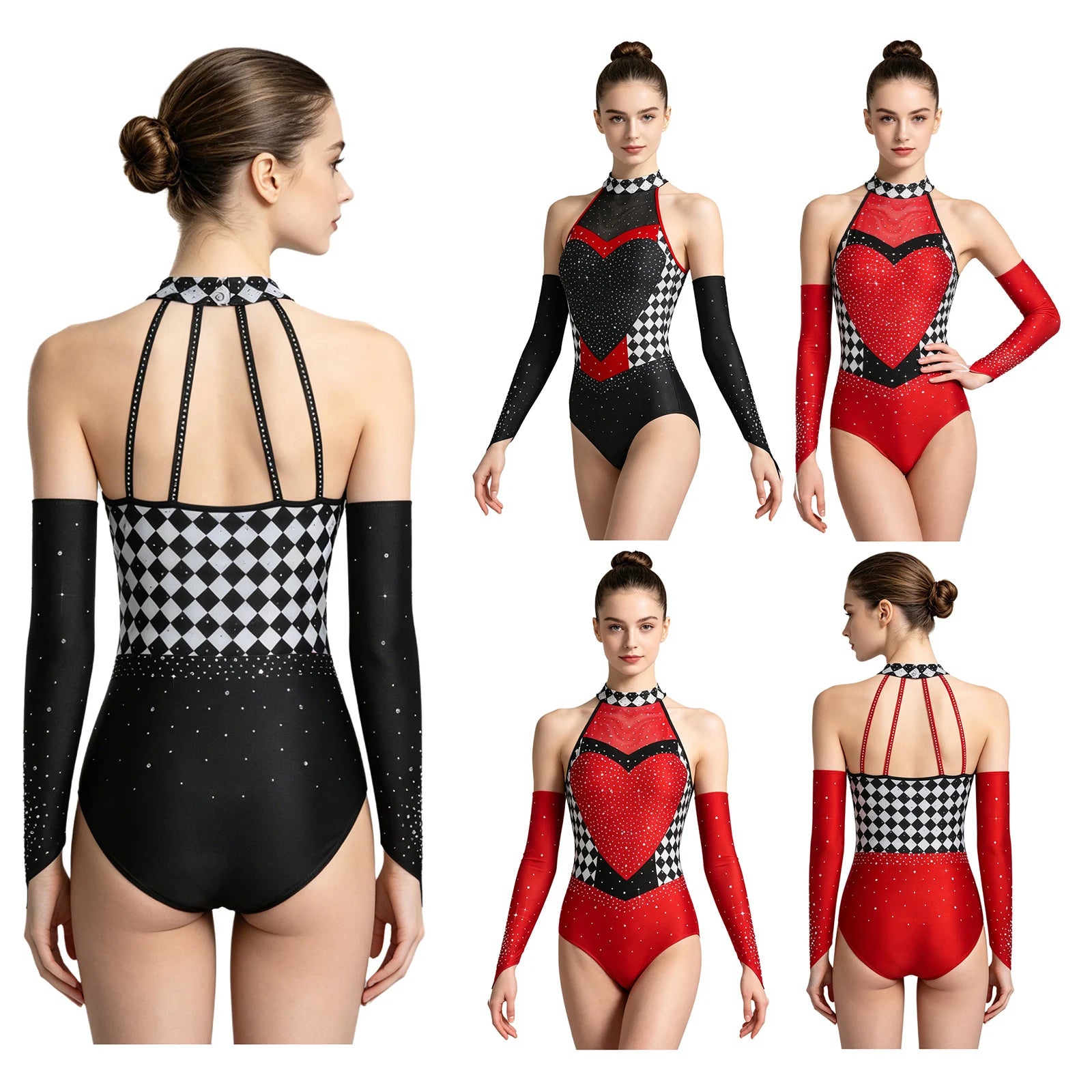Queen of Hearts Rhinestone Halter Bodysuit & Sleeves Checkered Circus Stage Costume Set