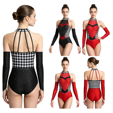Queen of Hearts Rhinestone Halter Bodysuit & Sleeves Checkered Circus Stage Costume Set