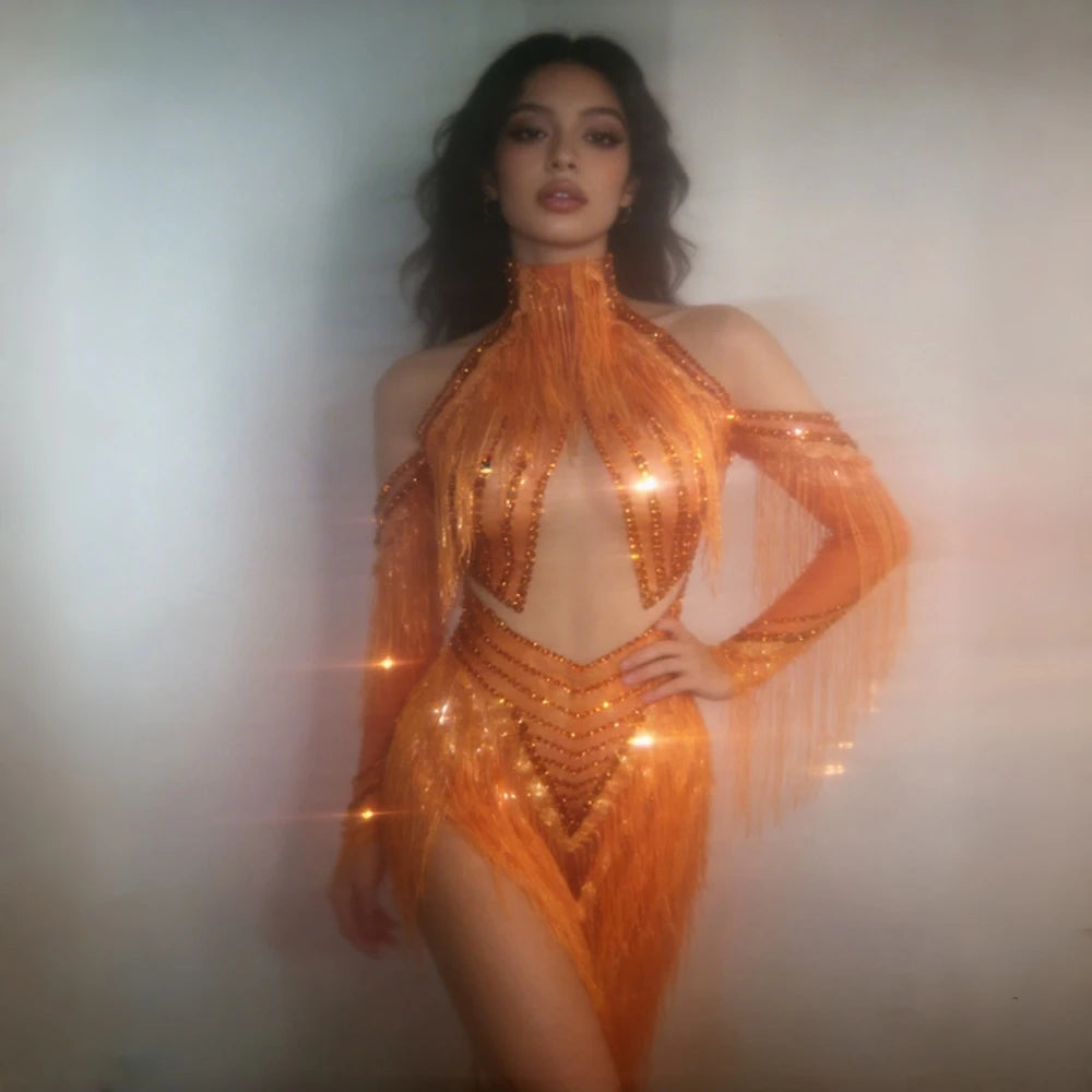 Orange Sparkly Crystal Fringe Bodysuit Off-Shoulder Stage Performance Costume Leotard