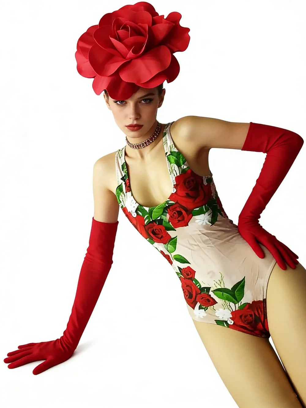 Scarlet Rose Floral Bodysuit, Opera Gloves & 3D Flower Headpiece 3-Piece Stage Costume Set