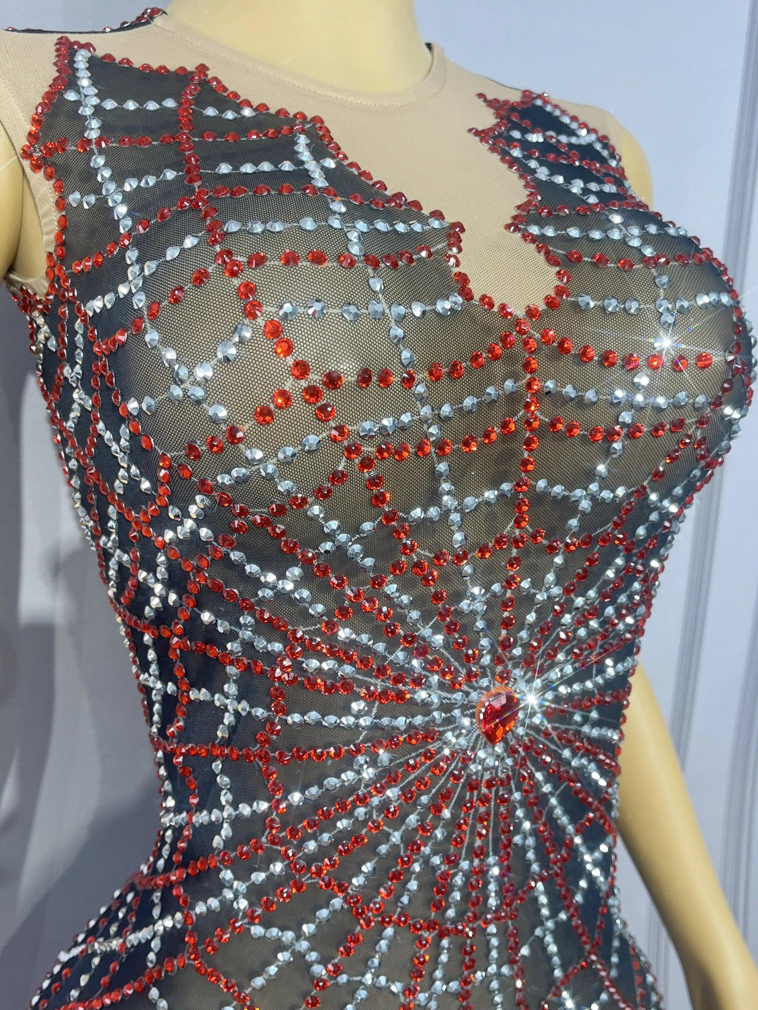 Spiderweb Rhinestone High-Cut Stage Bodysuit Halloween Dance Performance Leotard