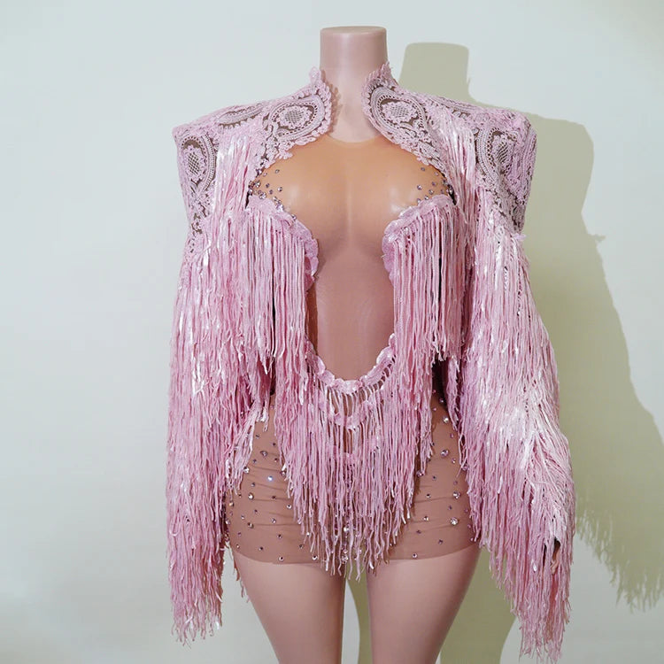 Rhinestone Tassel Fringe Jacket And Dress Costume Set