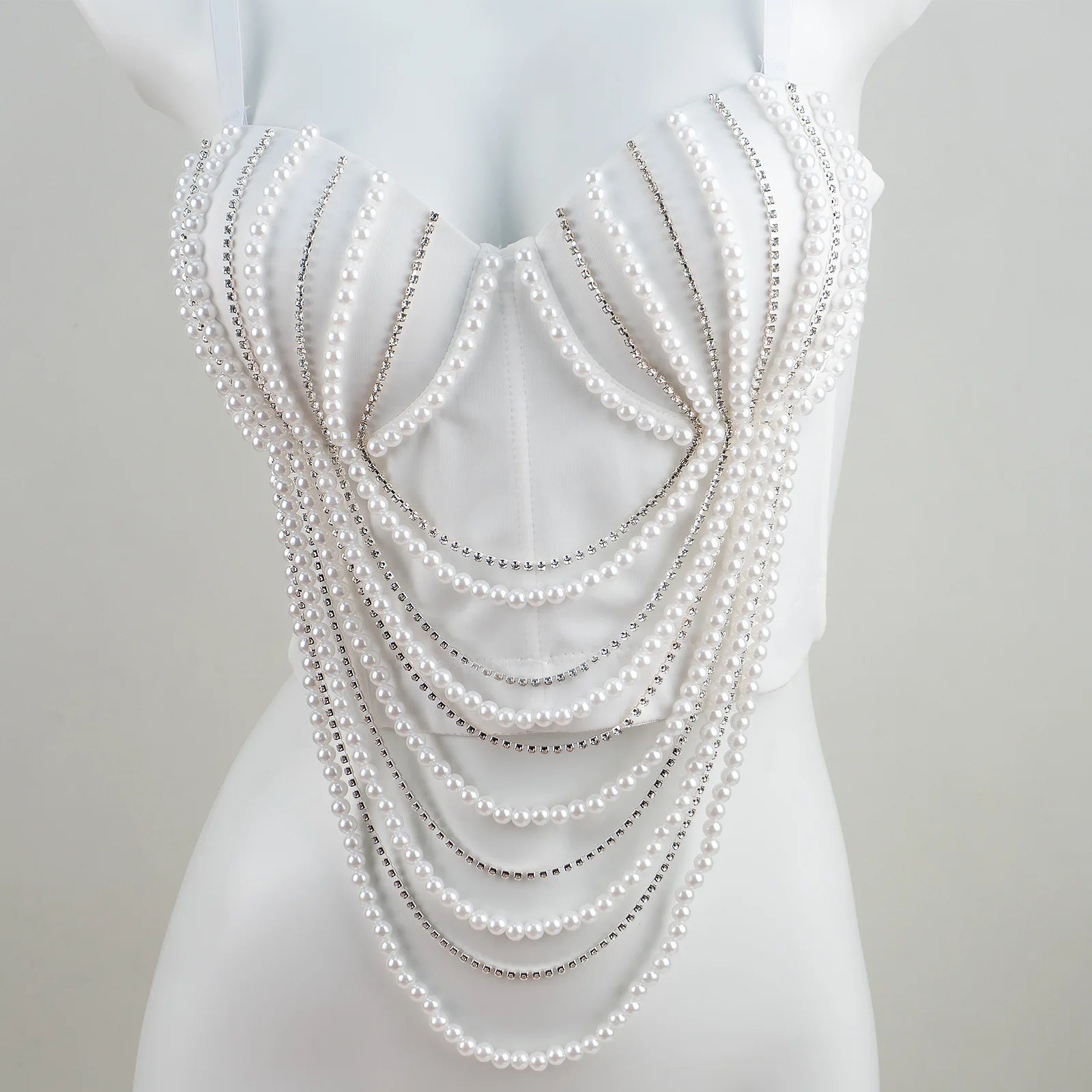 Pearl & Diamond Embroidery Chain Bustier Corset Crop Top Stage Party Bralette