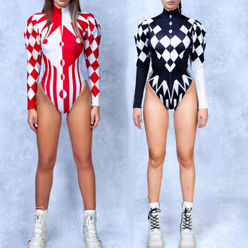 Dark Harlequin Clown Puffed Sleeve Bodysuit Sexy Circus Jester Stage Dance Costume