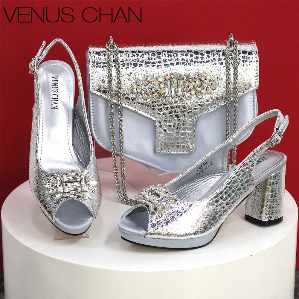 Open Toe Women Heels Shoes And Bag Set