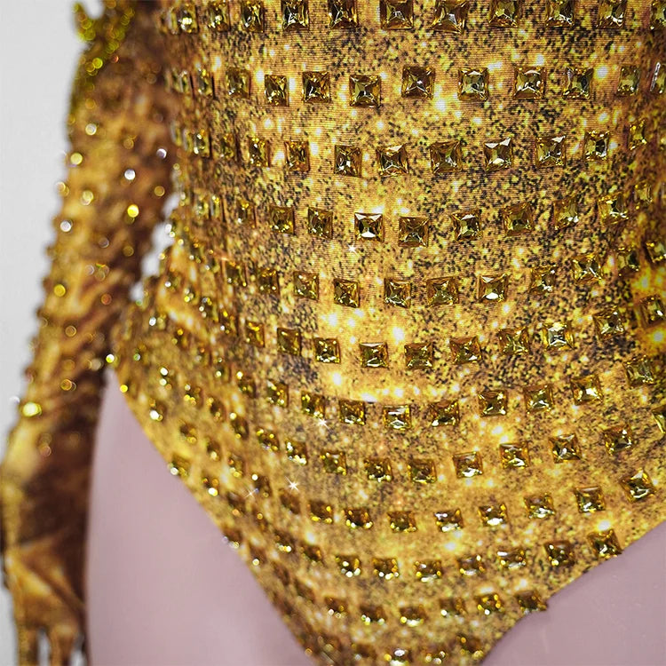 Sparkly Gold Rhinestone Bodysuit Sunburst Collar Spiked Glove Sleeves Costume