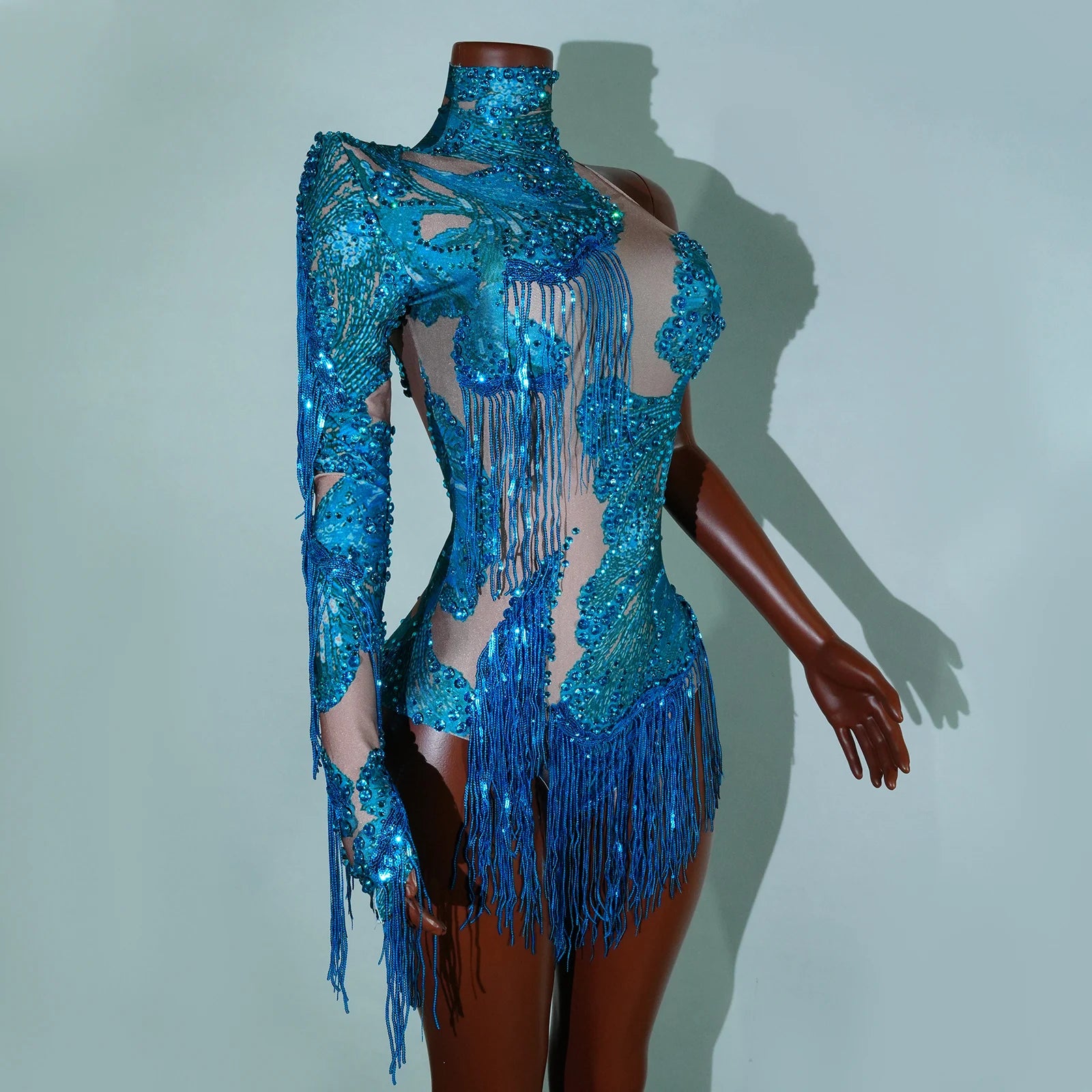 Leopard Sequin Fringe Asymmetrical Bodysuit One-Sleeve Stage Performance Costume