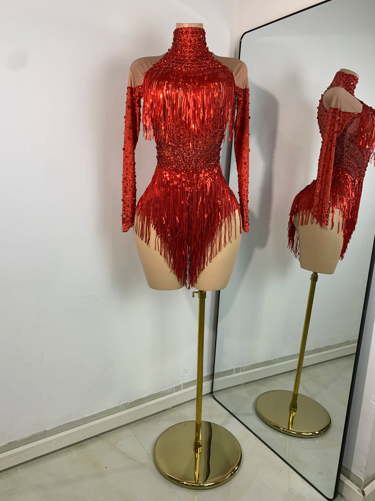 Red Rhinestones Skinny Bodysuit Women Sexy Long Sleeve Tassel Performance Singer Dance Costume Nightclub Celebrate Stage Wear