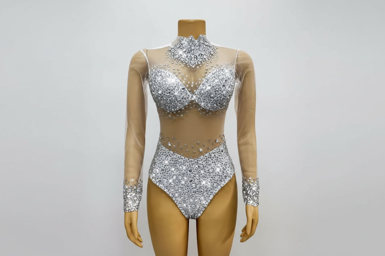 Rhinestone Encrusted Mesh Performance Bodysuit