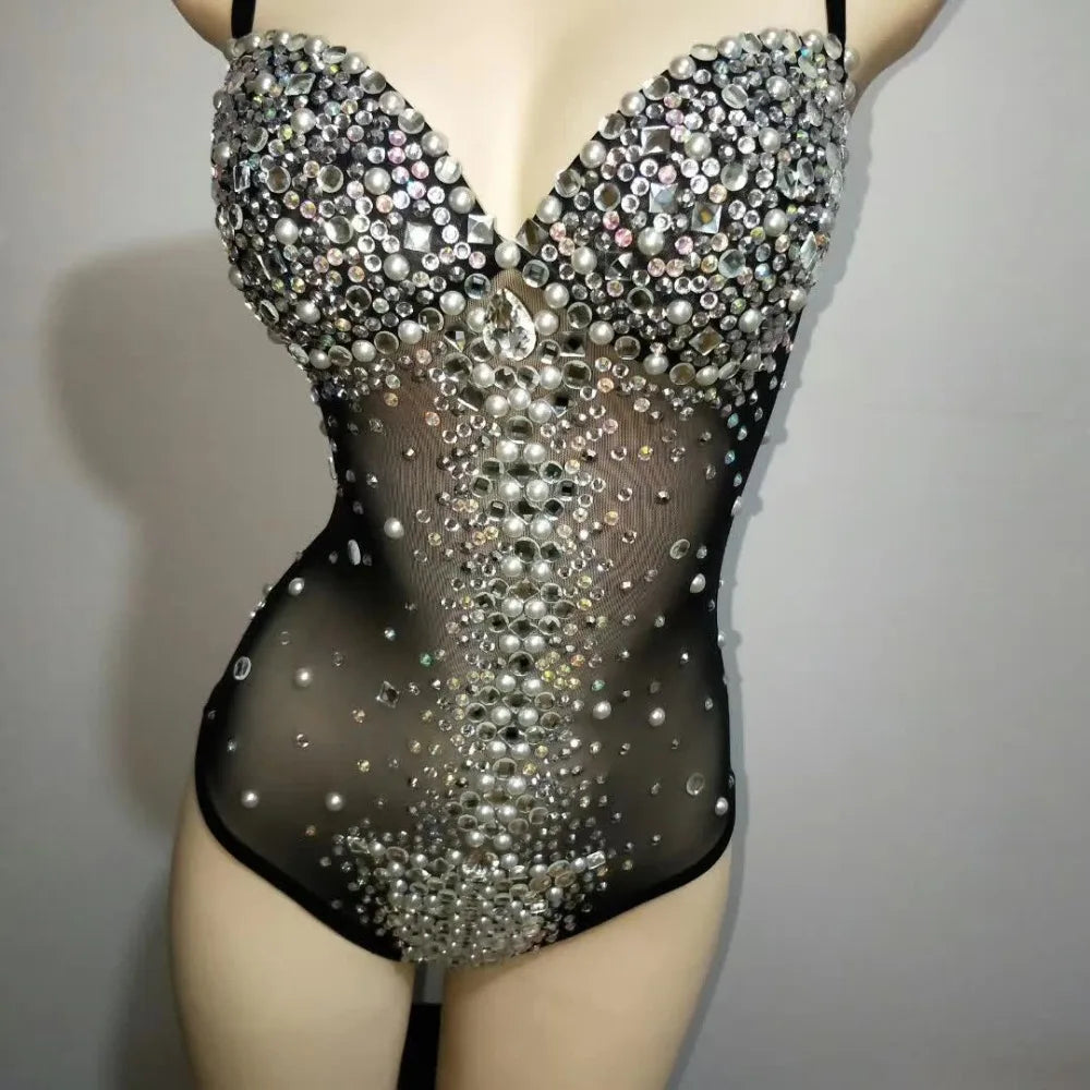 Sparkly Silver Crystal Rhinestone Mesh Leotard Stage Performance Costume