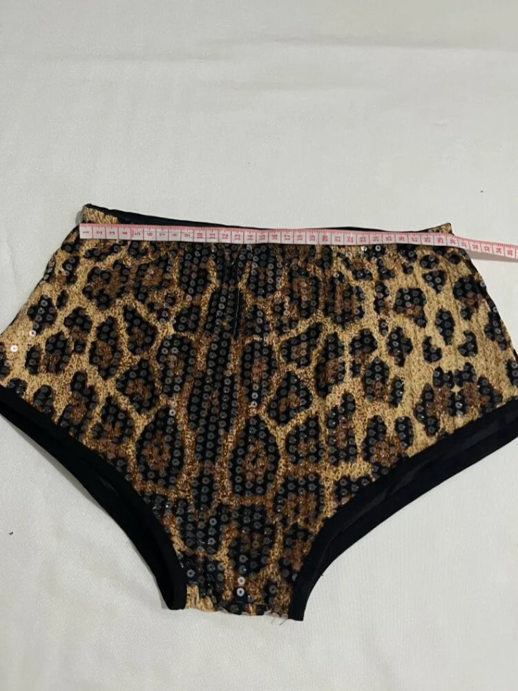 Sequined Top & High-Waist Leopard Print Shorts 2-Piece Gogo Dance Set