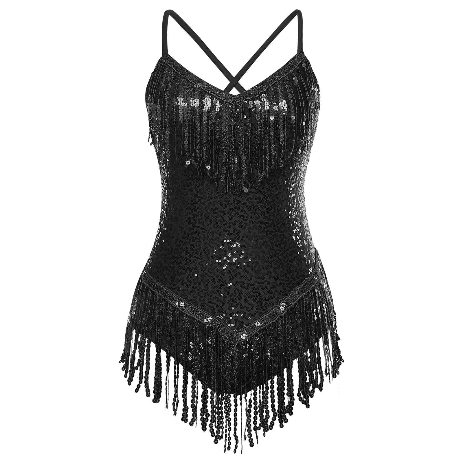 Sequins Fringed Cross Back Latin Dance Leotard Sleeveless V-Neck Bodysuit