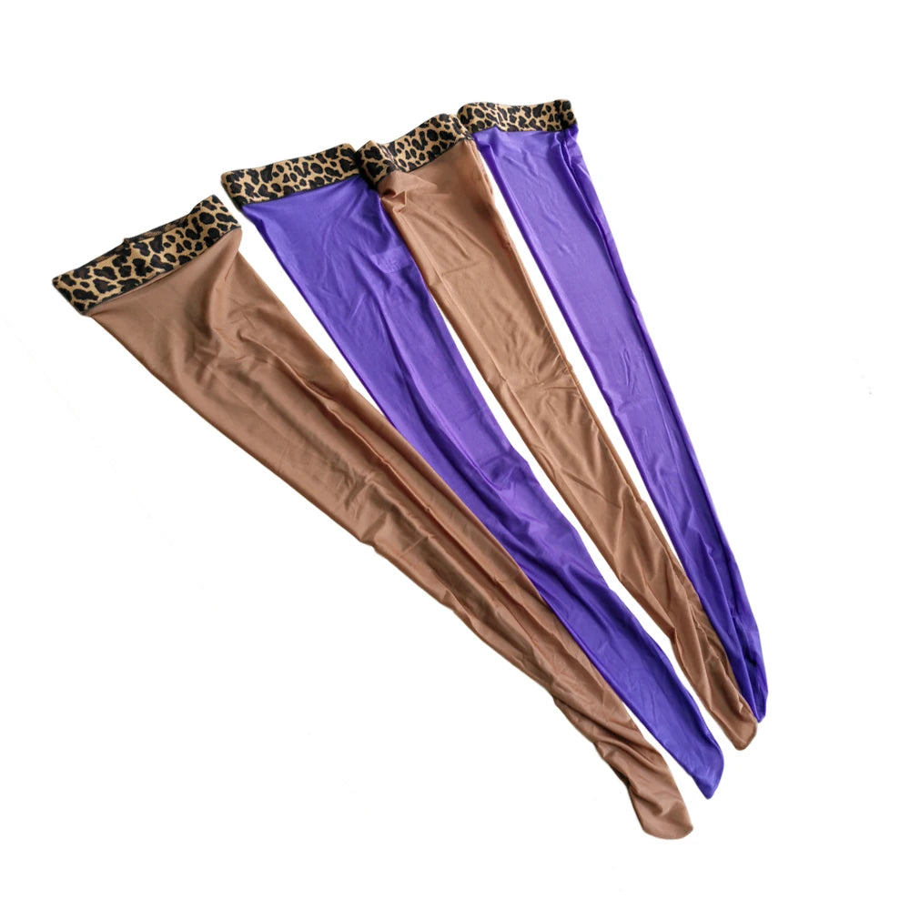 Satin Smooth Oil Shiny Thigh-High Stockings Leopard Print Trim Glossy Tights