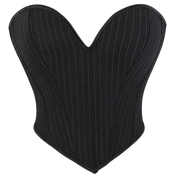 Black Striped Overbust Corset Top Zipper Front Lace-Up Bustier Body Shaper