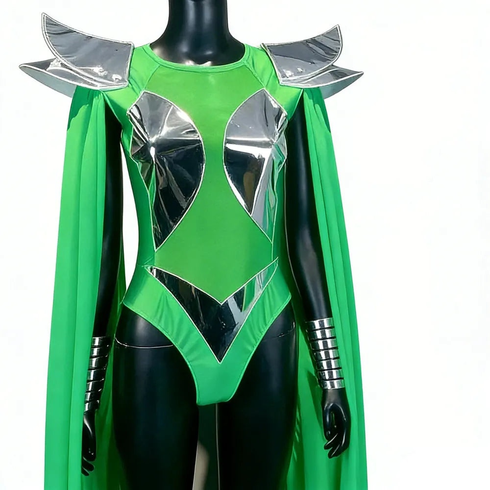 Futuristic Wing Shoulder Bodysuit & Trailing Cape Dance Performance Costume Set
