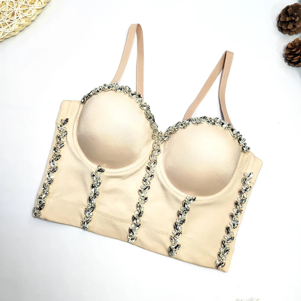 Crystal Chain Strap Bustier Corset Crop Top Hook-and-Eye Stage Bralette
