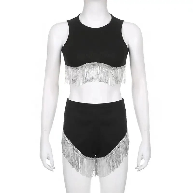 Shiny Fringe Performance Top & Shorts Set
