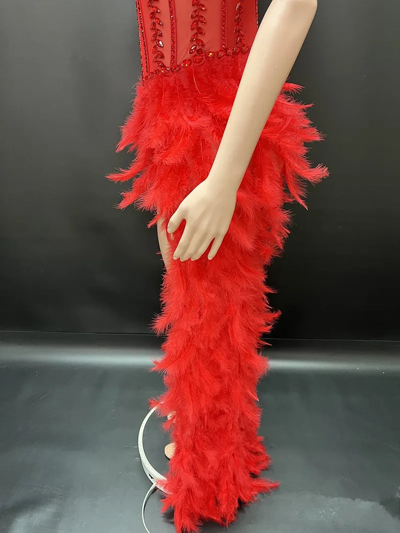 V-Neck Crystal Corset High-Low Feather Gown & Special Occasion Birthday Dress