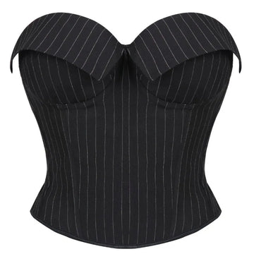 Black Striped Overbust Corset Top Zipper Front Lace-Up Bustier Body Shaper